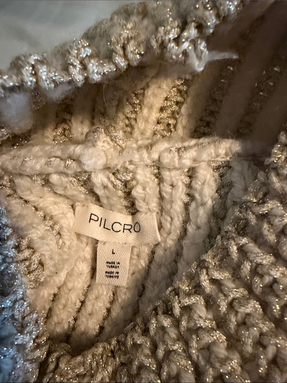 Pilcro Cream Crewneck Sweater with Gold Metallic Accents